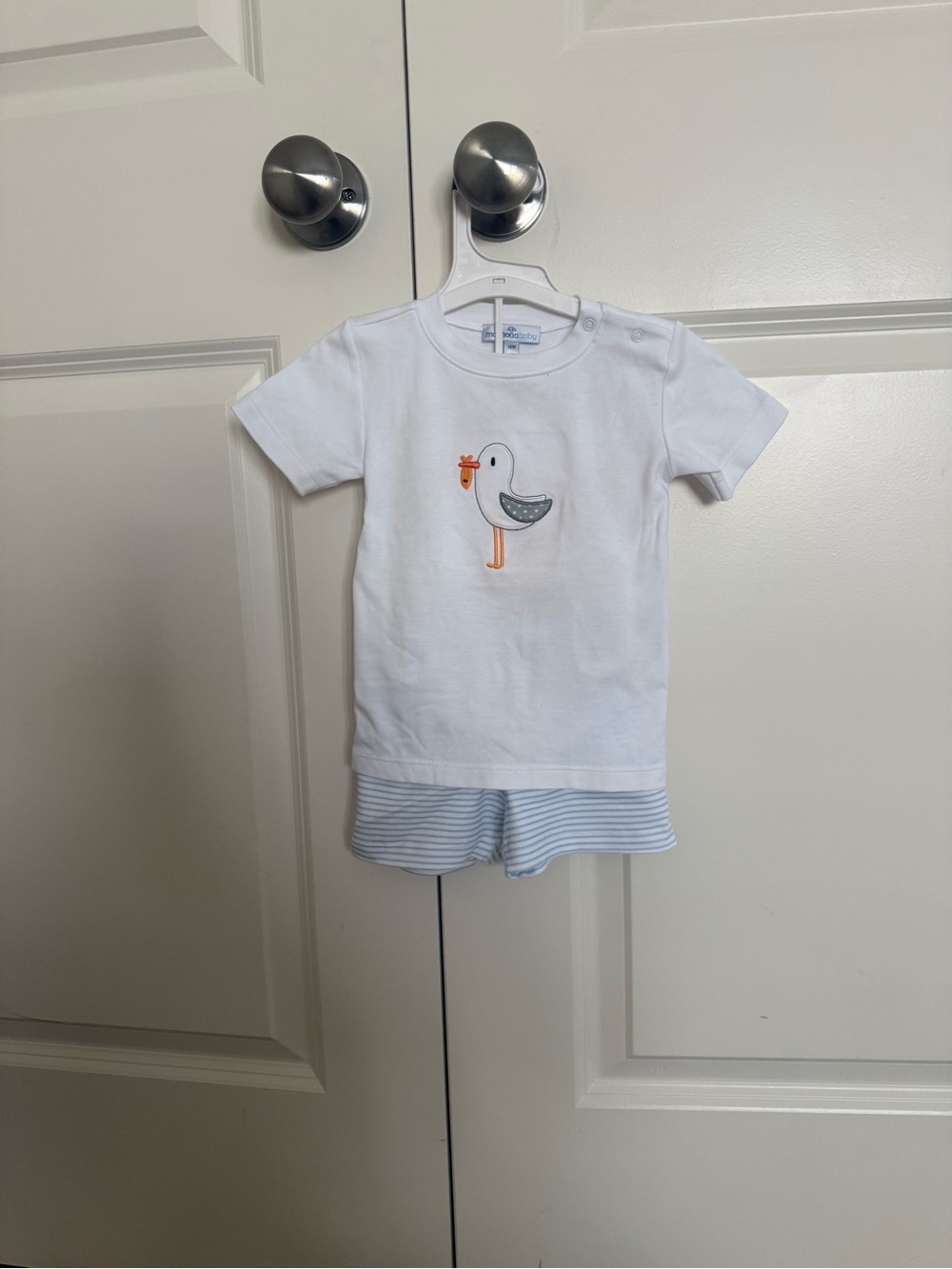 Magnolia Baby White Tee with Seagull Appliqué and Light Blue Striped Shorts